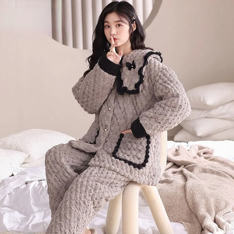 Triple Layered Coral Velvet Pajamas Women Sleepwear Thickened Plush Home Wear Oversized Flannel Loungewear Winter Insulation Set