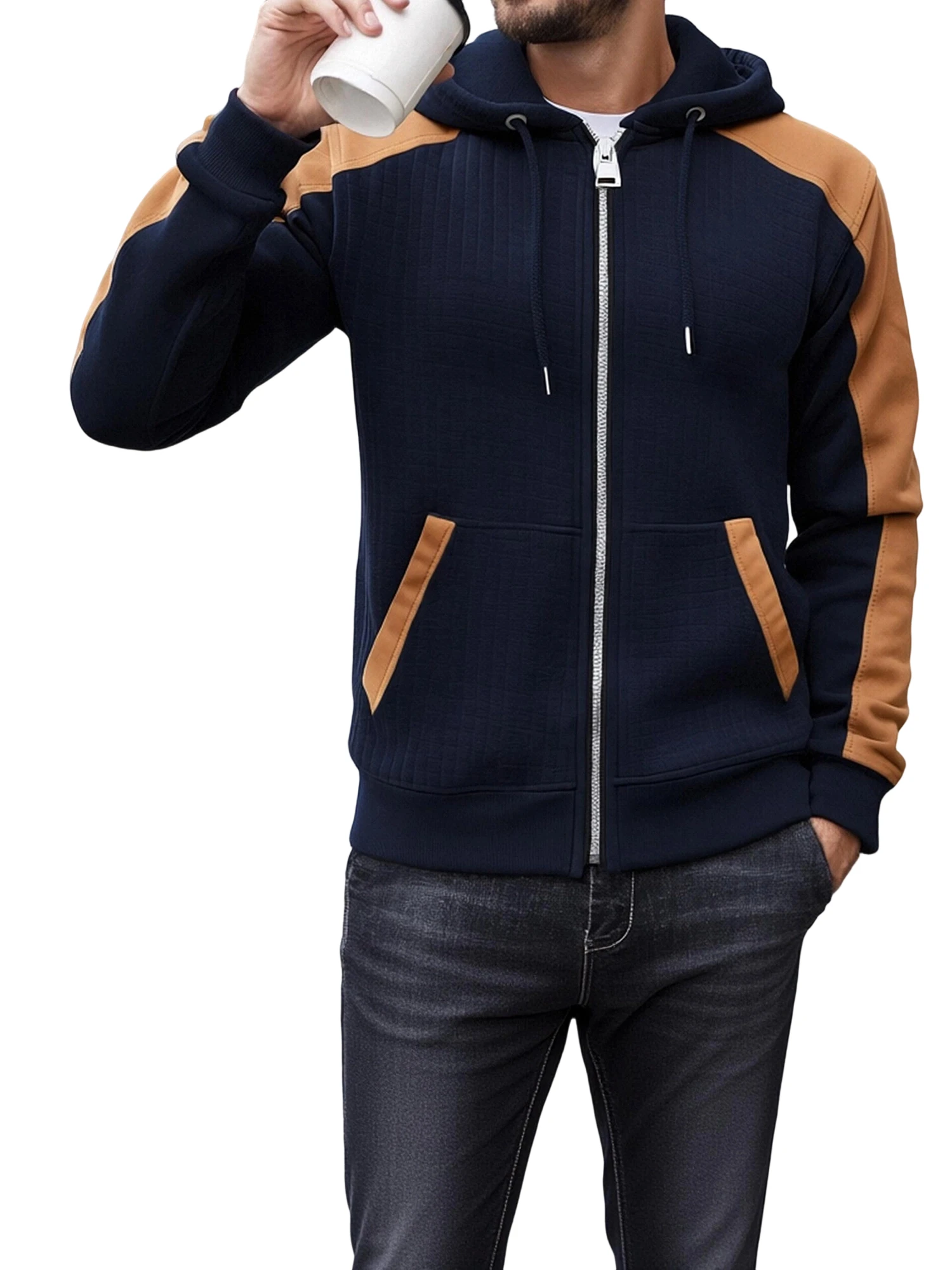 

Мужские толстовки на молнии с длинным рукавом и капюшоном на шнурке, повседневная куртка контрастного цвета на флисовой подкладке