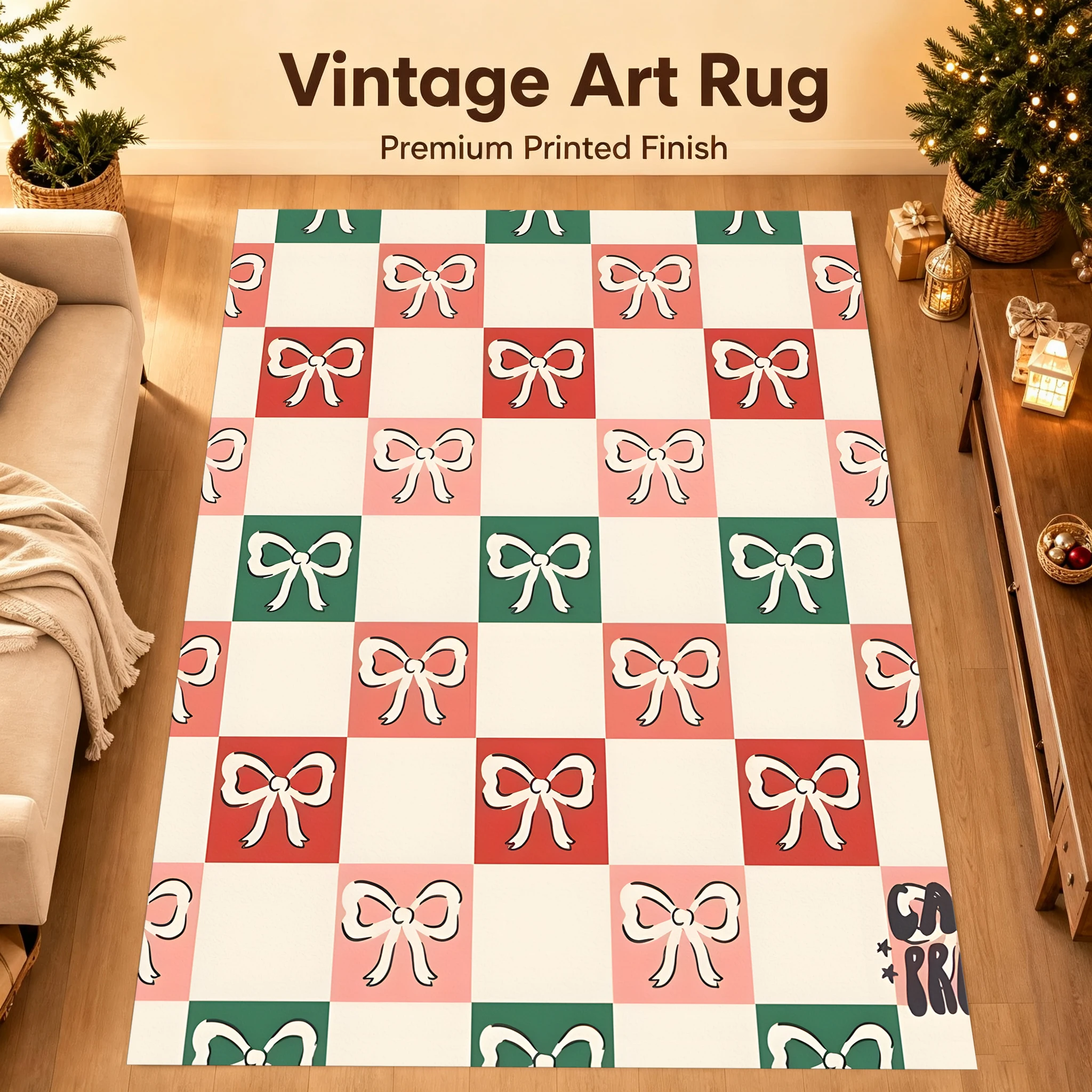 Velvet Rug Sweet Retro Red Green Checkered Hand Painted Bow for Bedroom Living Room Entryway Home Decor