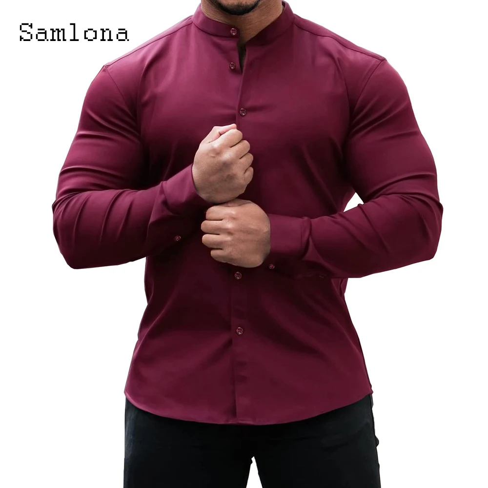 Camisa de ocio elegante para hombre, blusa informal con cuello mandarín, Sexy, color rojo y albaricoque, 2024