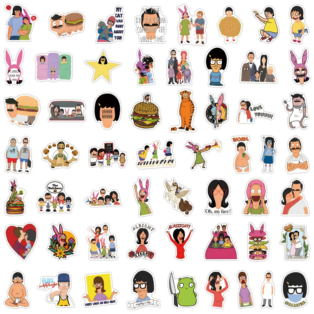 110 قطعة Bobs Burgers الكتابة على الجدران ملصقات DIY بها بنفسك الأمتعة المحمول الهاتف الغيتار سيارة دراجة سكيت الشارات لعبة أطفال