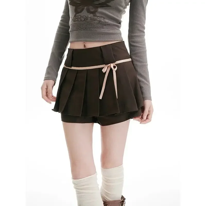 HOUZHOU Sweet Kawaii Bow Pleated Skirts Women Sexy Coquette Brown Skirt Shorts Vintage Y2k A-line Solid Mini Skirts Aesthetics