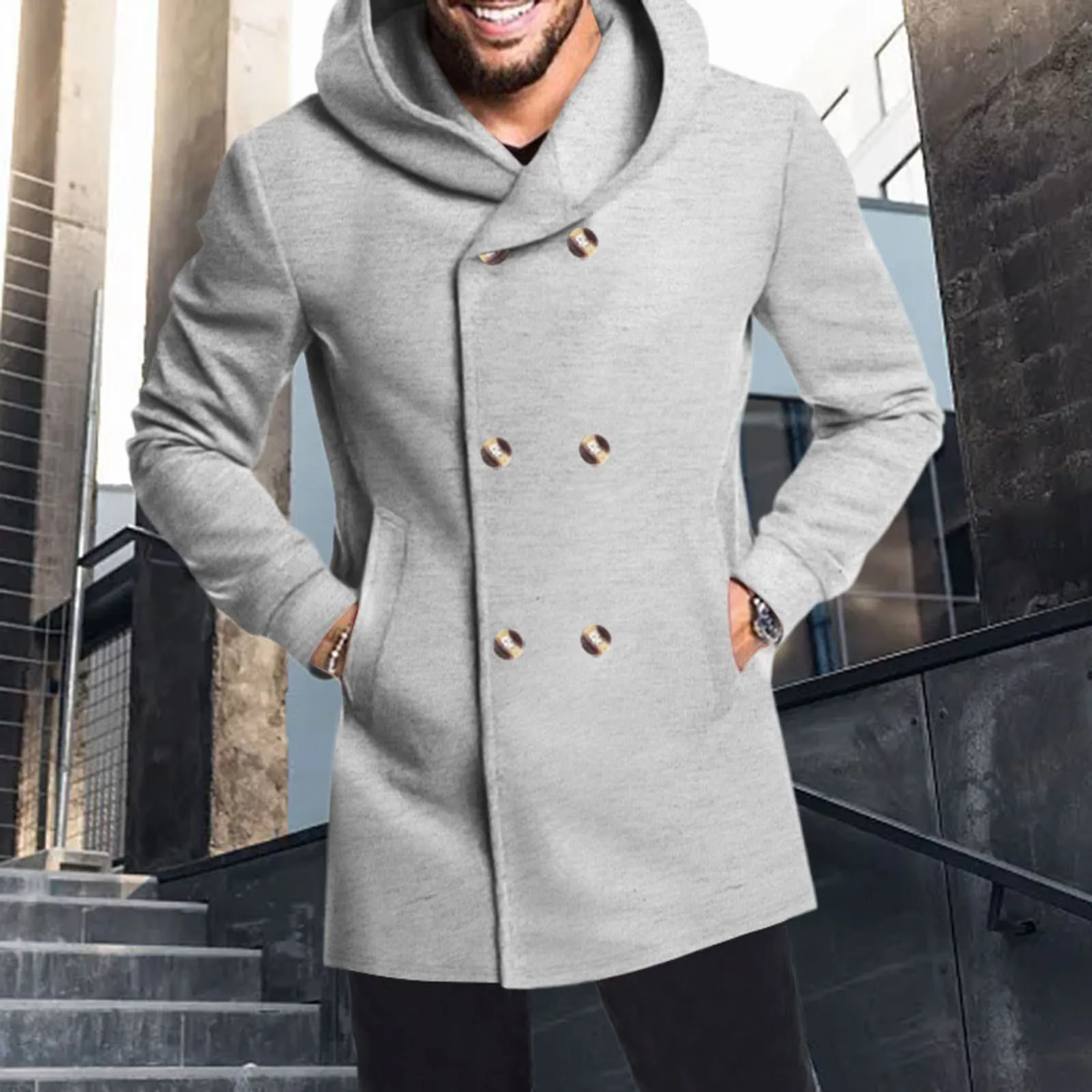 Men'S Hooded Jacket Fashion New Long Sleeved Stand Neck Splice Button Fit Formal Banquet Coat Hundred Matching Winter Warm Cloth