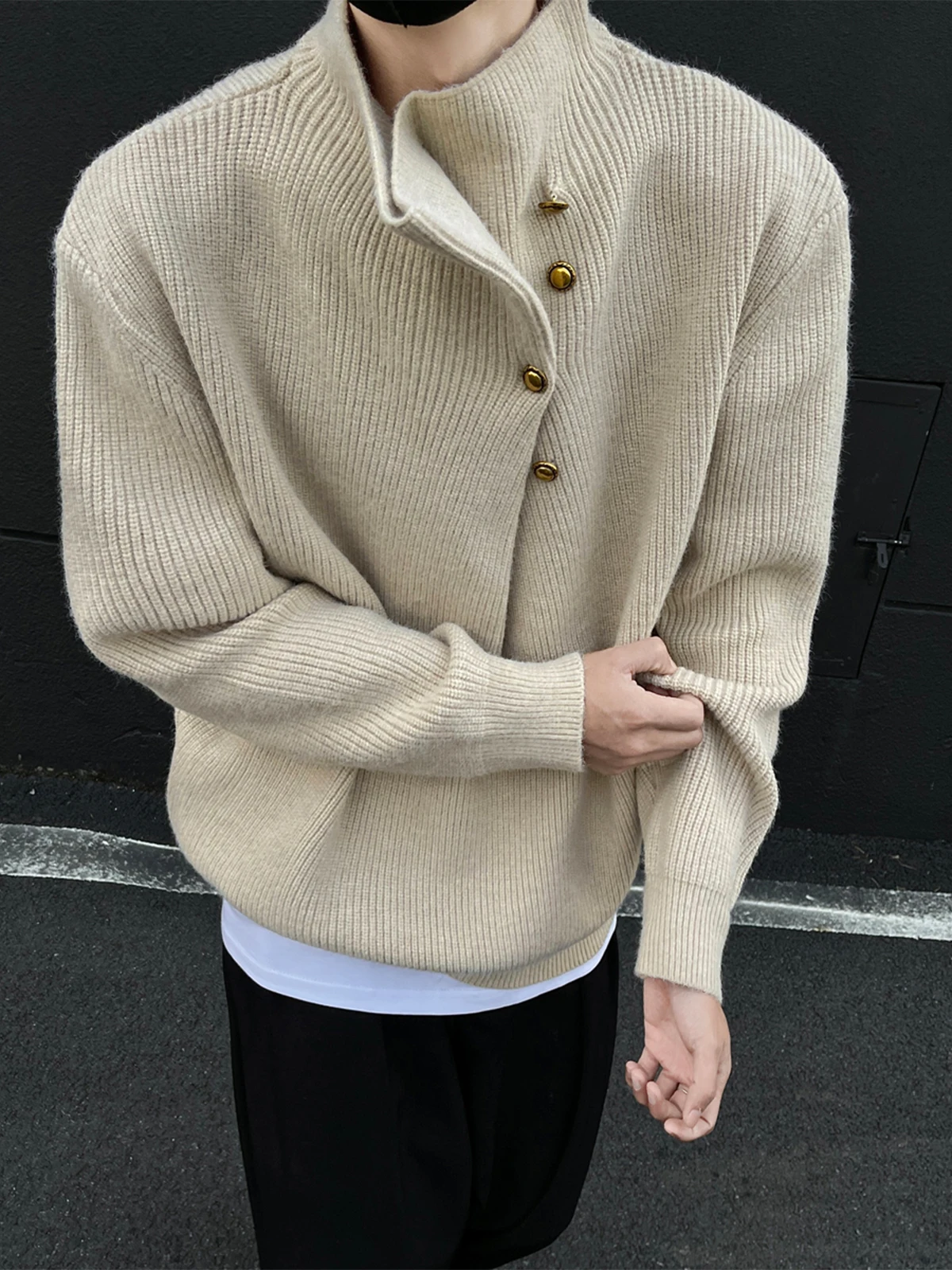 Irregular Button Design High Collar Sweaters Men Autumn New Trendy Stylish Oversize Knitted Tops Male Solid Color Chic Knitwears