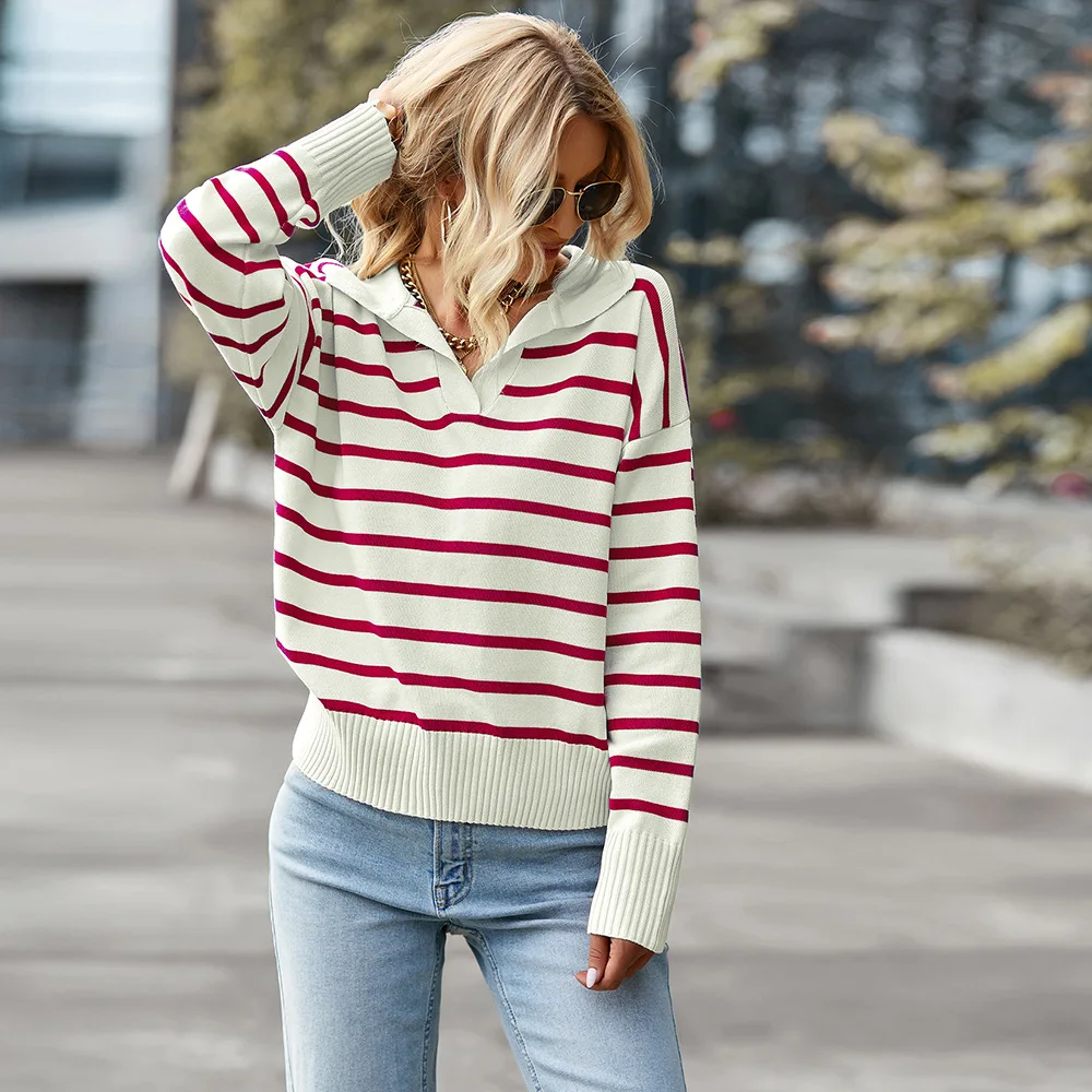 Autumn and Winter New Striped Sweater for Women Turn-down Neck Soft and Comfortable Warm Top Fashion Casual Pullovers