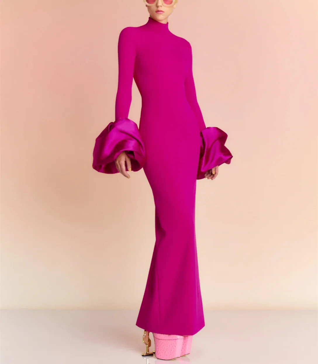 

Женское вечернее платье до щиколотки, Элегантное Длинное плиссированное платье цвета фуксии из крепа с разрезом, круглым вырезом, платье для выпускного вечера