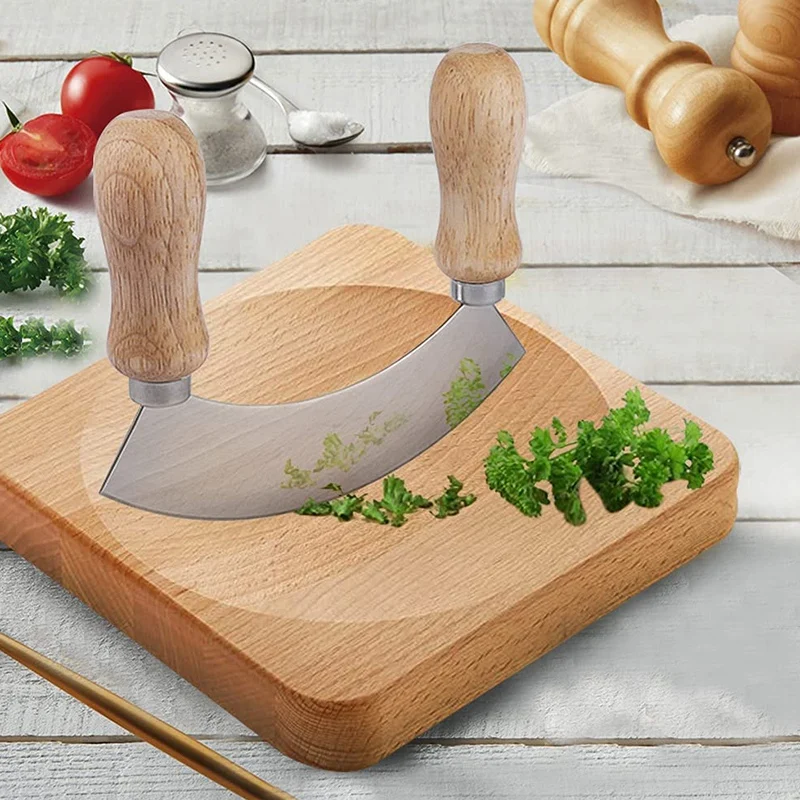 Chopping Knife, Herb Knife with 1 Stainless Steel Blade, Pizza Cutter with Wooden Handle for Chopping Herbs