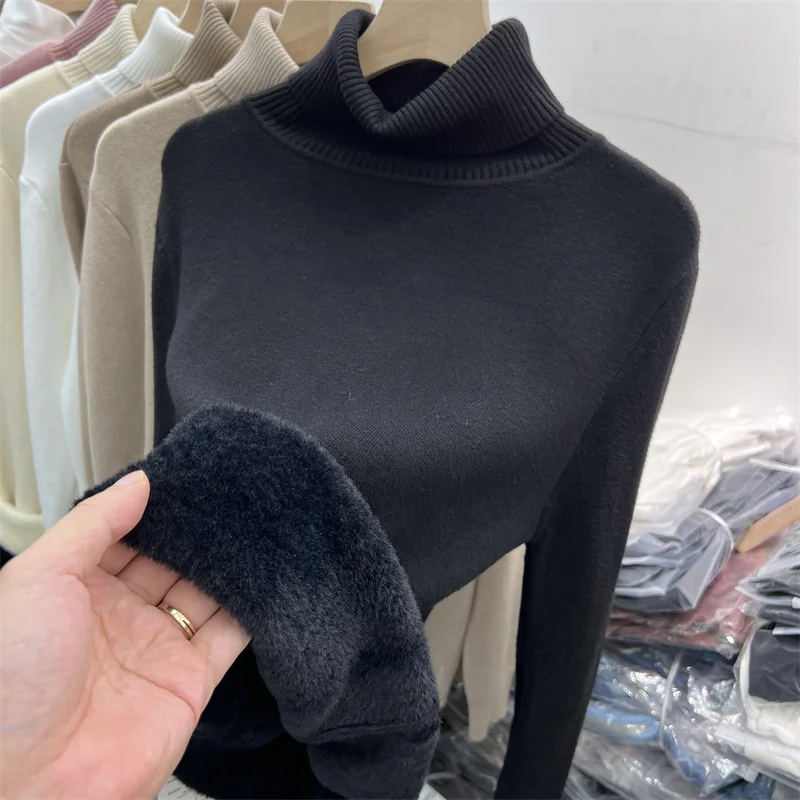 

Women's High Collar Fleece Lined Thickened Sweater Korean Style Commute Fashion Polyester Fiber Long Sleeve Regular Length