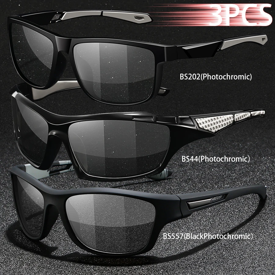 3PCS Photochromic Polarized Sports Vintage Sunglasses Men Women Cycling Driving Mountaineering Chameleon Sun Glasses UV400Eyewer