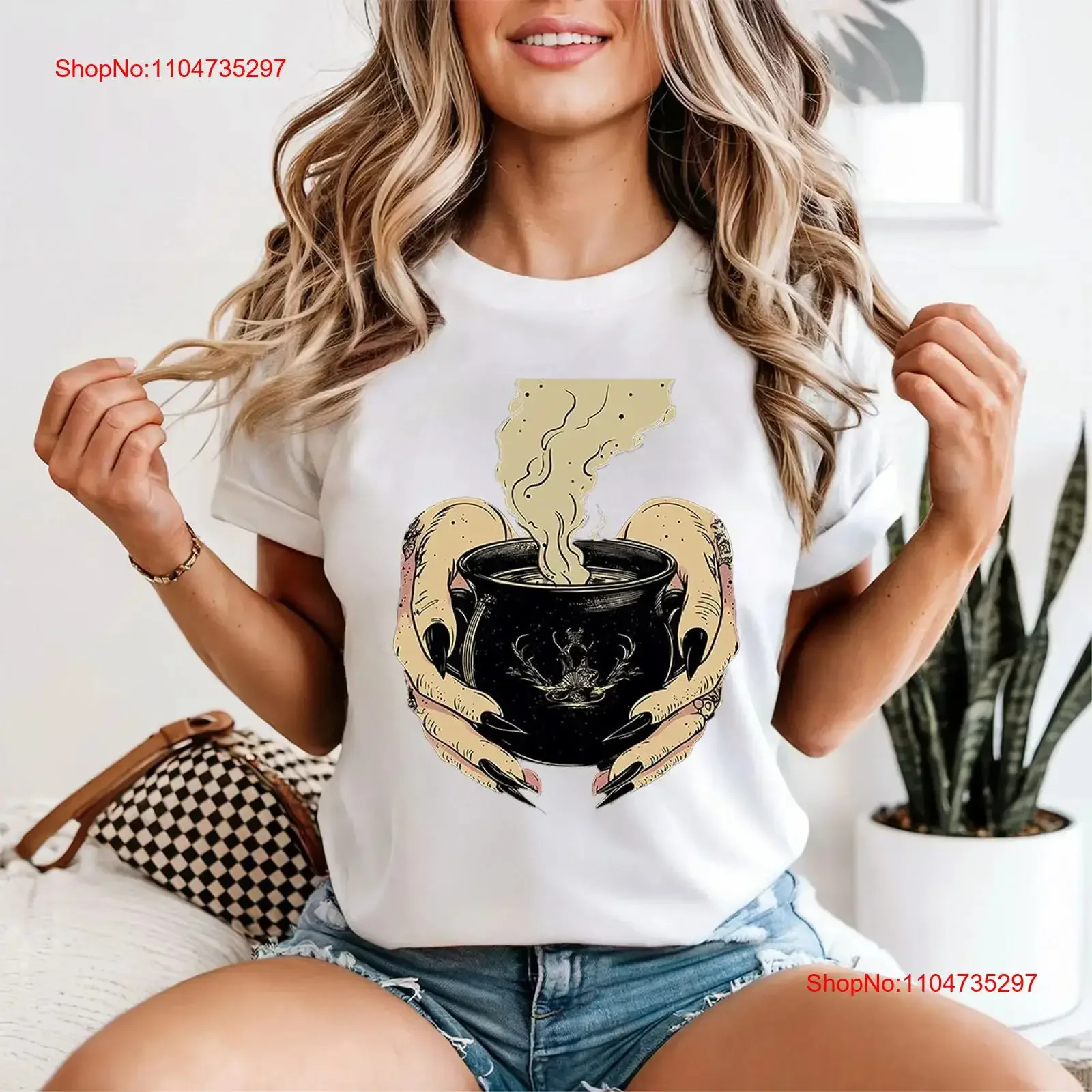 Witchcraft Cauldron Hands Womens T Shirt Occult Art long or short sleeves vintage Washed graphic Breathable Stretched