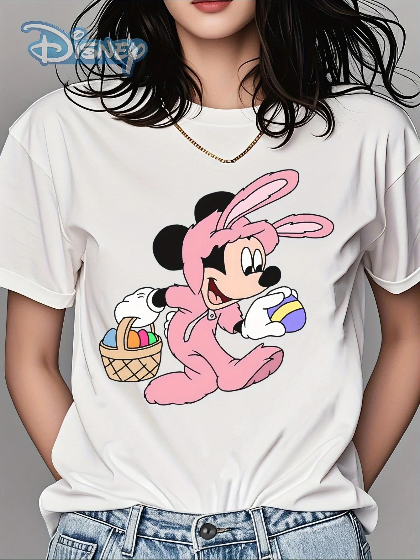 

2025 Disney Pattern Printed Women's Casual Comfortable Unique Smiling Face Black Round Neck Short Sleeve T-shirt
