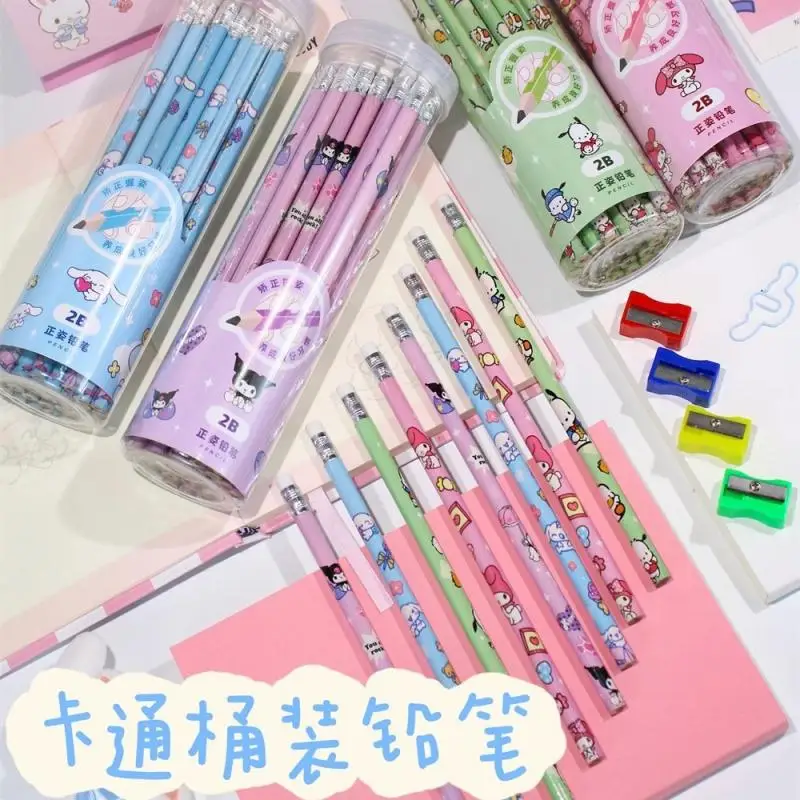 30Pcs/box Kawaii Sanrio Kuromi Cinnamoroll Pochacco My Melody 2B Pencil Drawing Tool Student Writing Pen with Pencil Sharpener