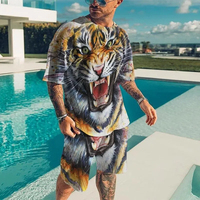 New Men\'s Cool Lion Tiger T-shirt Set 3D Animal Series Printed Casual Style T-shirts Shorts Suit Summer Fashion Men\'s Clothing