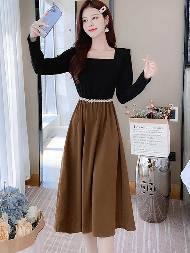 

Women Korean Vintage Patchwork Fake Two Piece Dress Autumn Elegant Beading Bandage Long Dress 2025 Chic Bodycon Festival Dresses