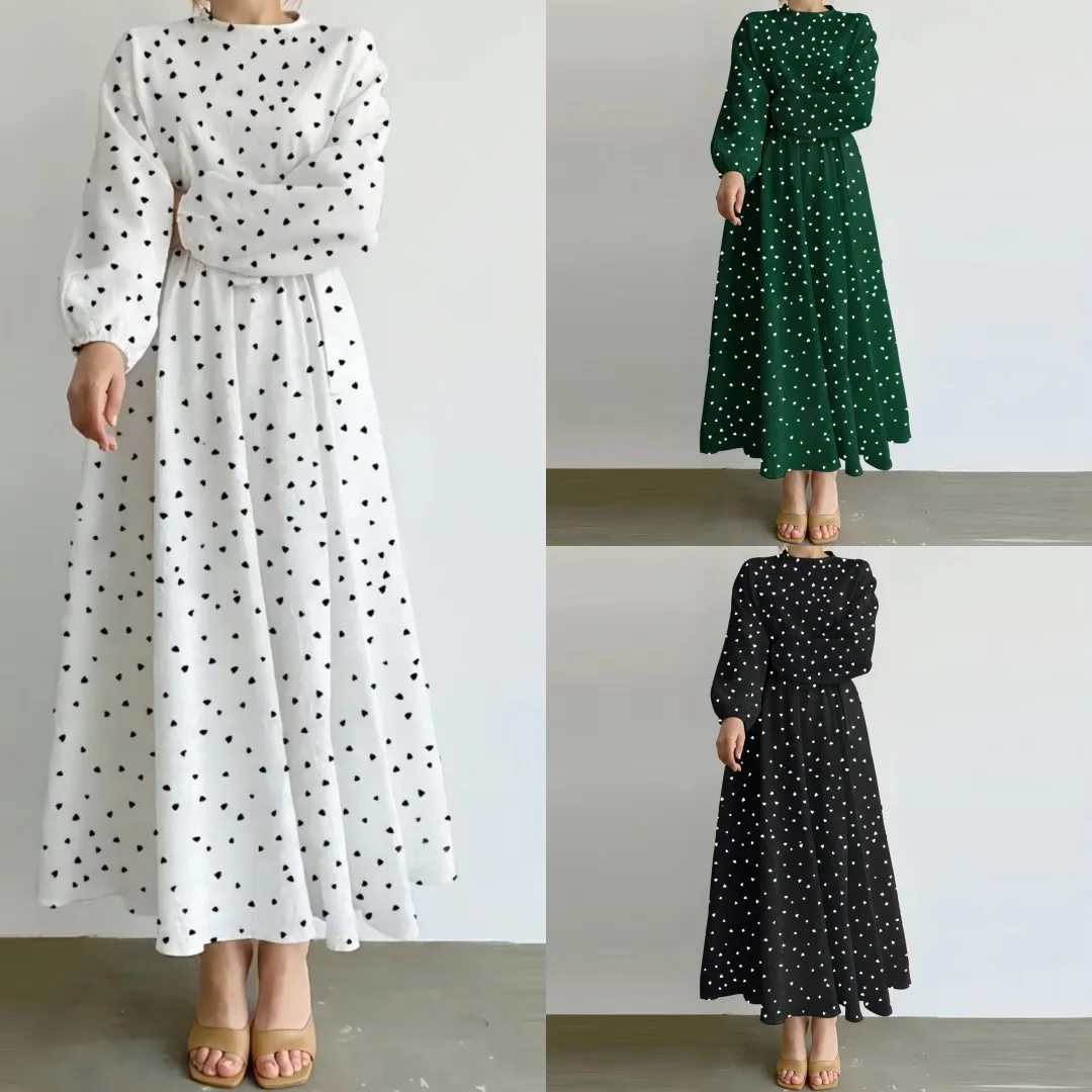 

New Middle East Muslim Fashion Dress Casual Loose Waist-Controlled Long Sleeves Round Neck Heart Shape Printed Dresses