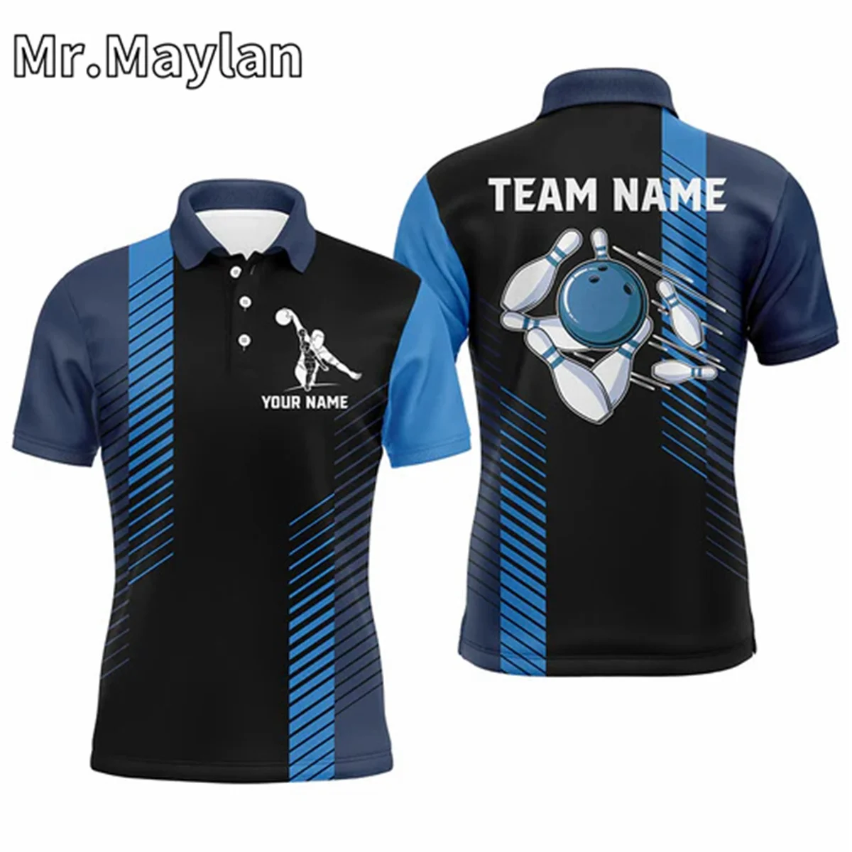 3D Black and Blue Bowling Shirt For Men Custom Men Bowling Polo Shirts Bowling Team Jersey Outfits Gift For Bowlers Unisex Tops