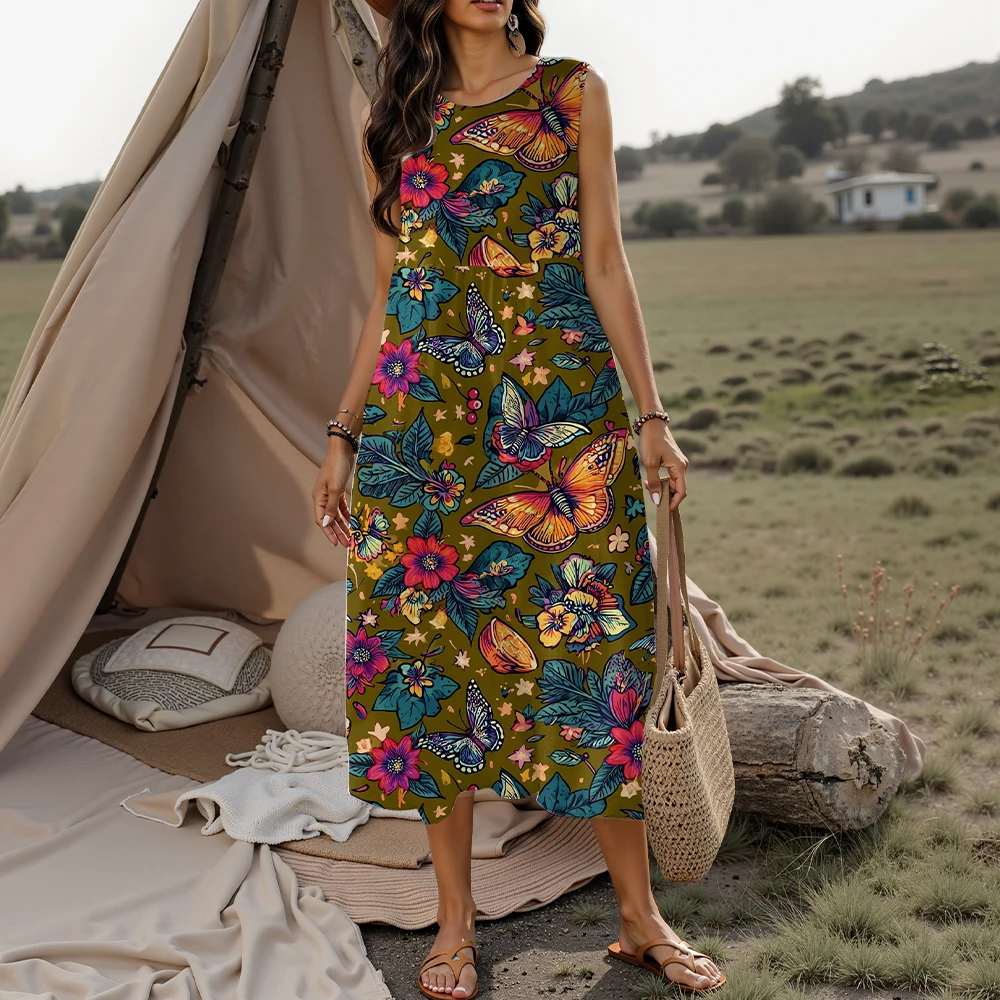 فستان نسائي جديد موديل 2025 بدون أكمام بنمط أوراق الزهور ملابس نسائية بدون أكمام تنورة طويلة