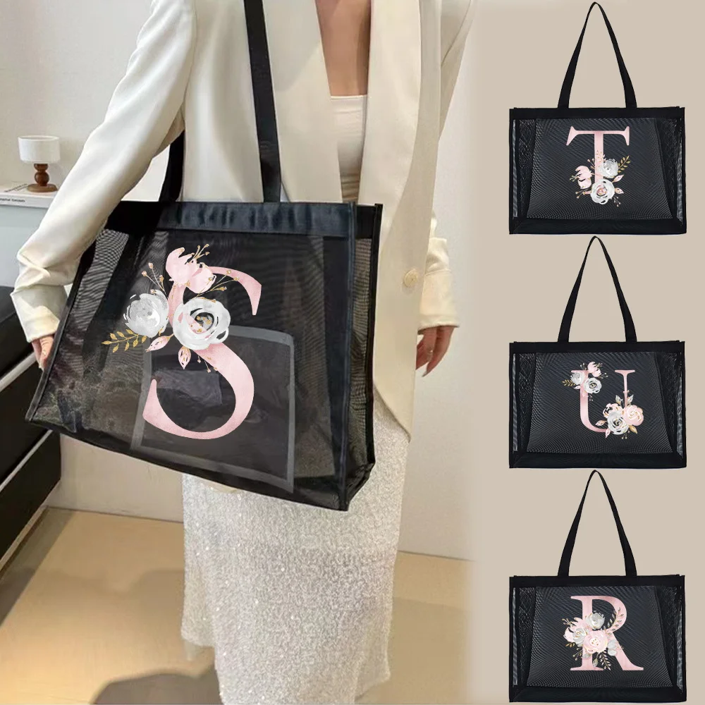 Transparent Tote Bags Mesh Shopping Bag Travel Storage Handbag Women Wallets Organizer Grid Package Pink Flower Printing Series