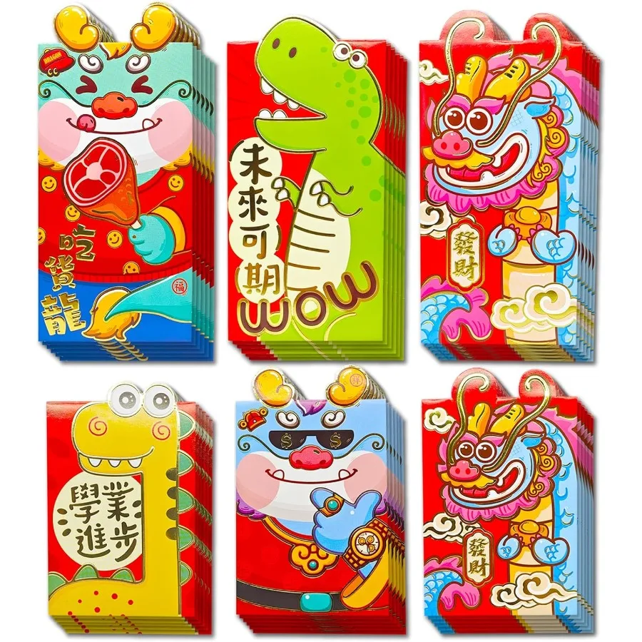 

36Pcs Chinese Red Envelopes2024 Lur New Year Cartoon Dragon Dinosaur Foldable Red Pat For 2Size Luxurious Colorful Lucky Money