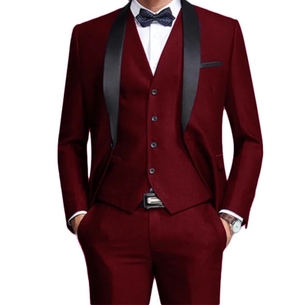 

Black Shawl Lapel Single Breasted 3 Piece Jacket Pants Vest Male Clothing Slim Fit Custom Made High Quality Full Men's Suits