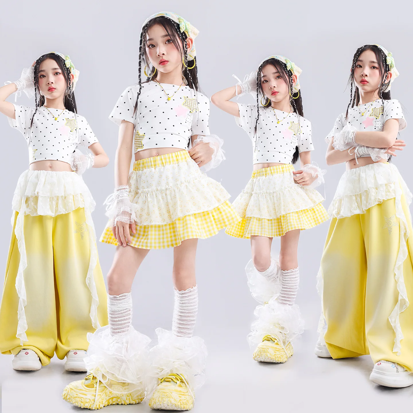 Girls Polka Dot Star White tops Yellow Spray Dye Pants Set Kids Hip Hop Kpop Jazz Street Dance Costume Girl Group Stage Outfit