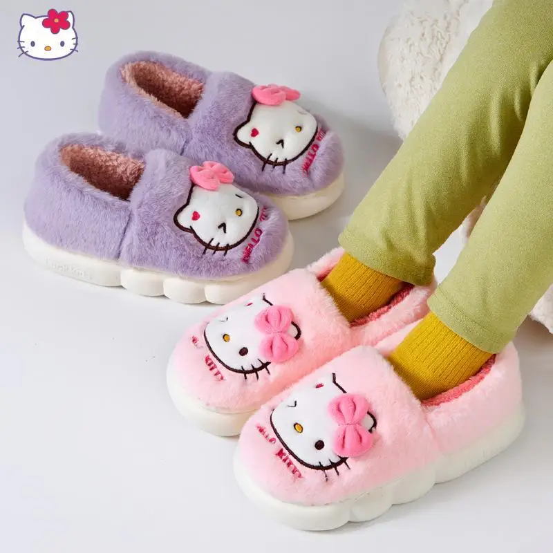 Hello Kittys Girl Include Heel Cotton Shoes Winter New Kawaii Cartoon Anime Figure Thicken Child Home Keep Warm Cotton Slippers