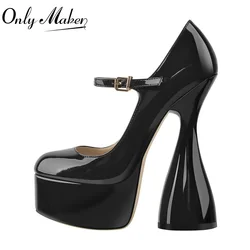 Onlymaker Black Patent Leather Mary Jane Pumps Women Platform Round Toe Strange Style Big Size Elegant Party High Heels