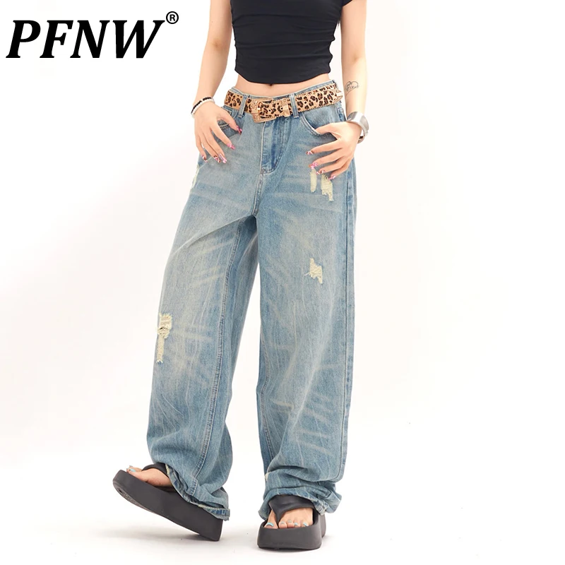 

PFNW Loose Washed Distressed Jeans Men Hip-hop Punk Fashion Casual Wide Leg Straight Leg Pants 2024 Summer Street Wear28W3447