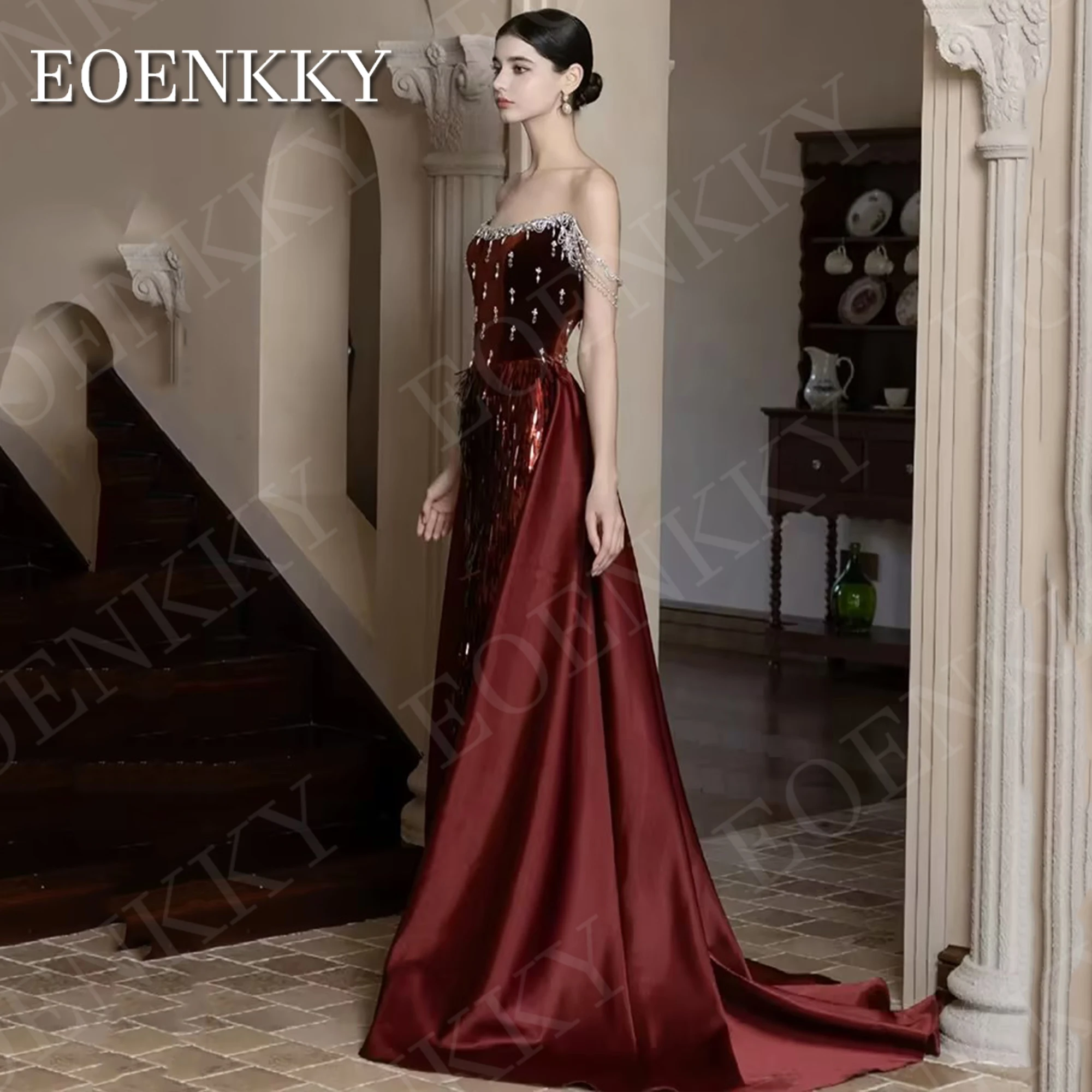 EOENKKY Saudi Arabia Mermaid Evening Dresses Luxury Crystal Off Shoulder Pageant Dress Detachable Train Prom فستان سهرة نسائي