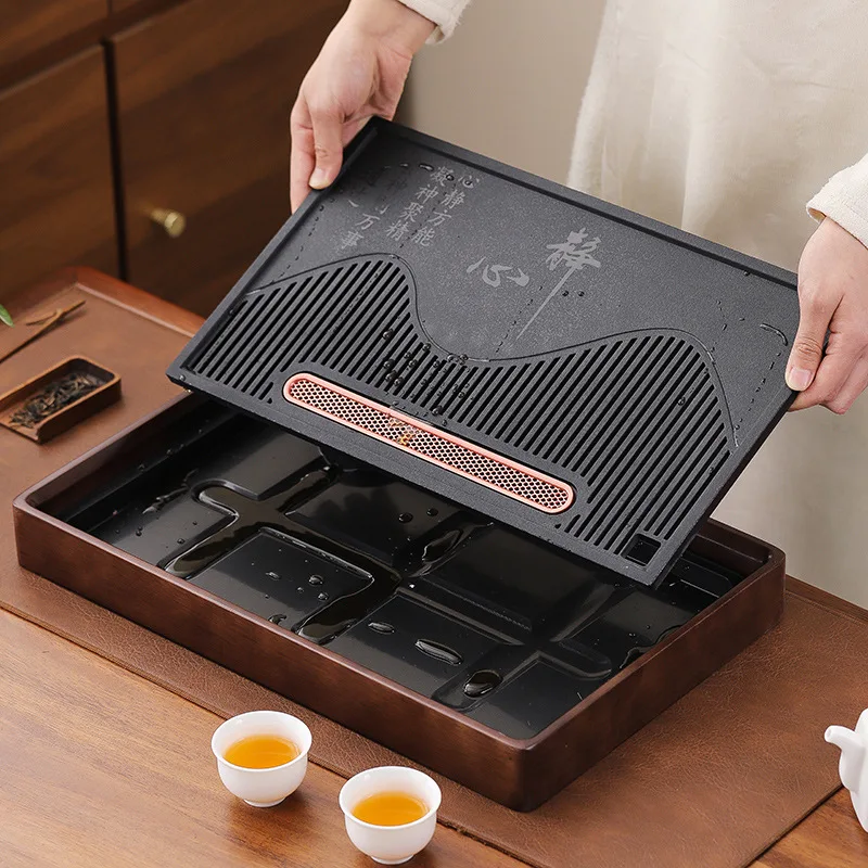 

Solid Wood Small Tea Tray Water Storage Table Imitation Black Stone Saucer Home Balcony Kung Fu Set with Drainage Chapan