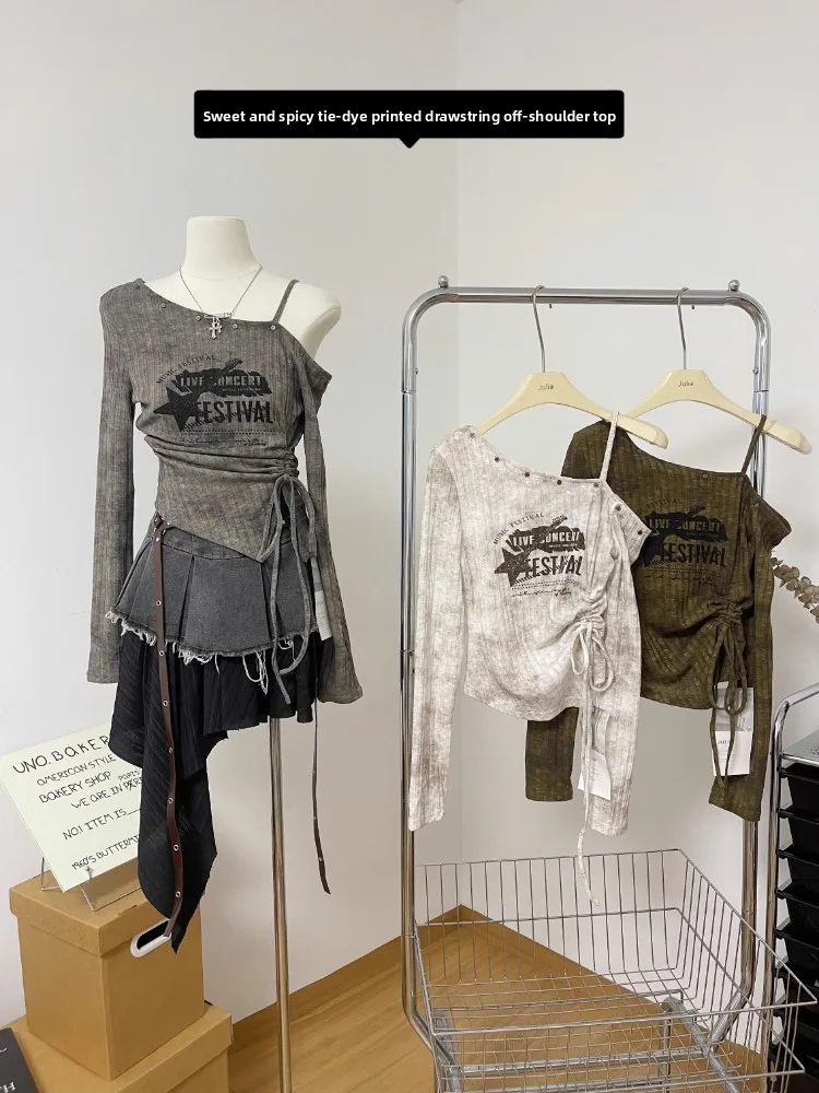 Sexy Long Sve oulder Bared Design Women's T-irt Spring 2025 Faionable Casual Wear Polyester Material Slim Fit