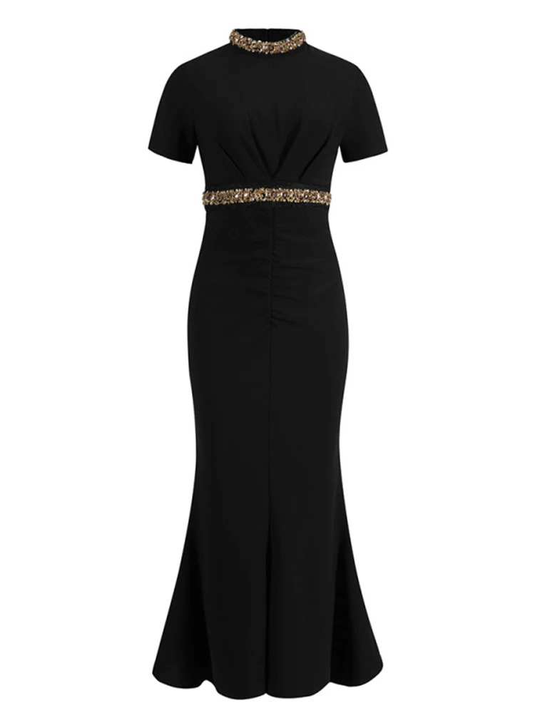 Frauen Kleidung Schwarz Gold Pailletten Oansatz Dünne Maxi Lange Abendkleid Elegante Dame Party Geburtstag Vestido Fiesta Robe Sommer Neue