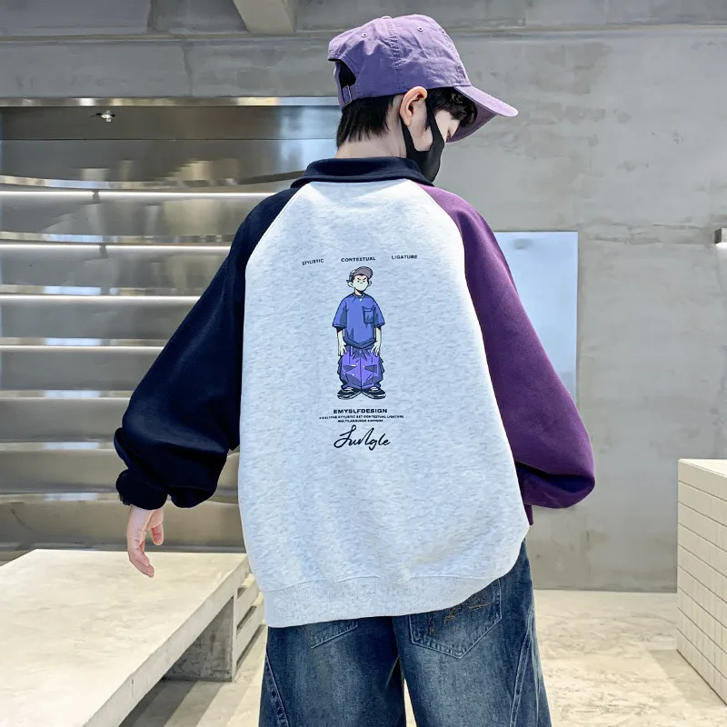 Boys Sweatshirt Autumn Polo Collar Color Block Raglan Sleeve Cartoon Print Children Tops