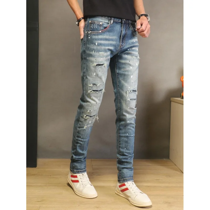 2026 New High-End Washed Vintage Ripped Jeans Men Stretch Slim Fit Skinny Leg Street Fashion Pants
