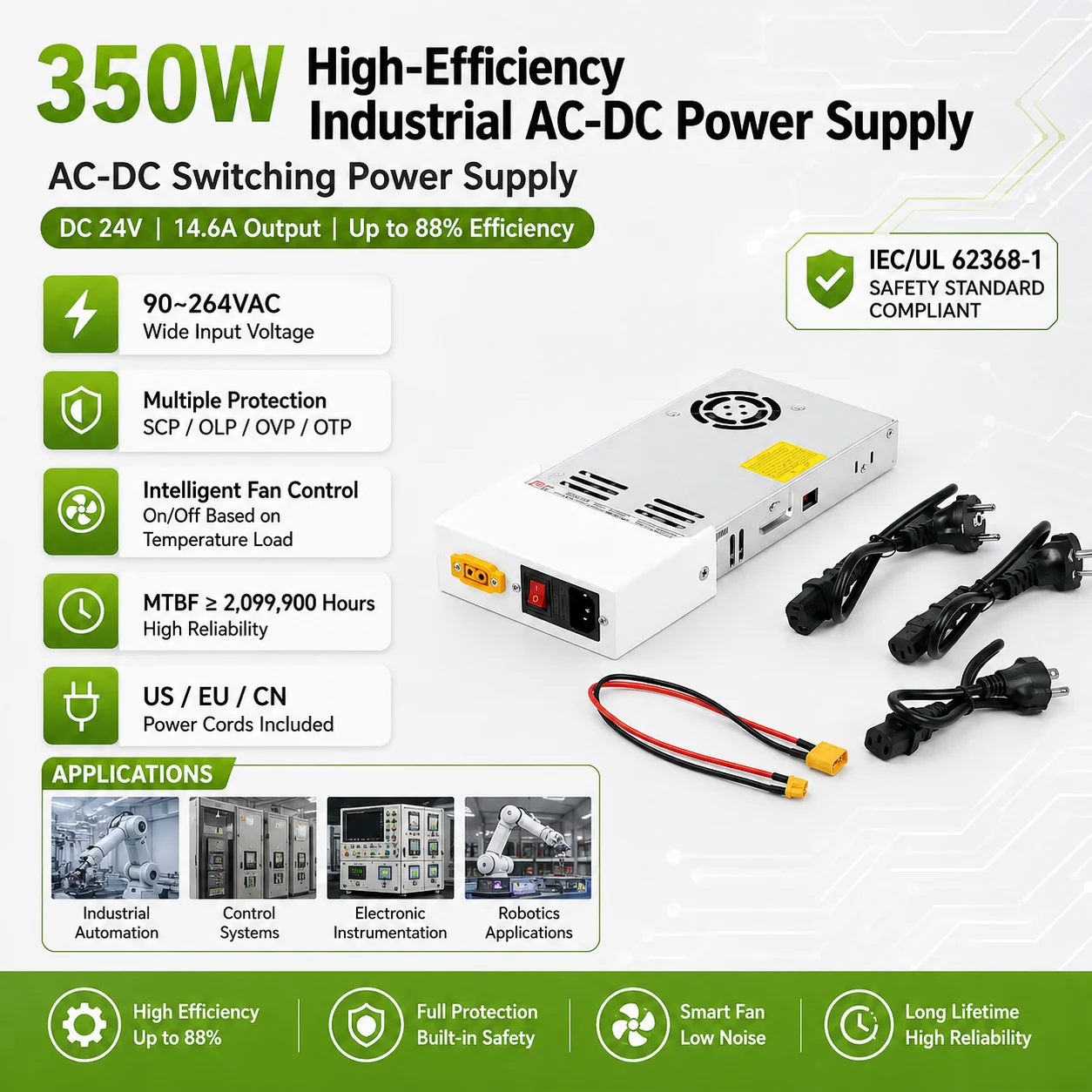 Power Adapter Kit for ReBot Arm B601-DM, 350W 24V 14.6A Power Supply, MTBF 2M+ Hours, UL/CCC/BSMI Certified, Smart Fan Control