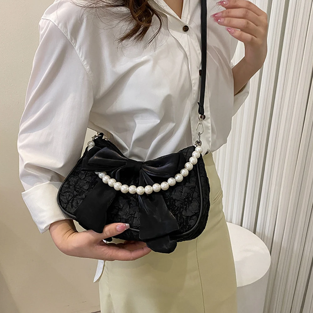 Fashion Pearl Bow Crossbody Bags Woman Shoulder Bag With INS Style Chic Personality Women Handbags With Bow Ribbon Female Purses