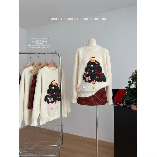 

Elegant Winter Long Sleeve Sweater Women's Loose Comfortable Top New Year's Outfit Set Plaid Skirt Commute Style Autumn ...