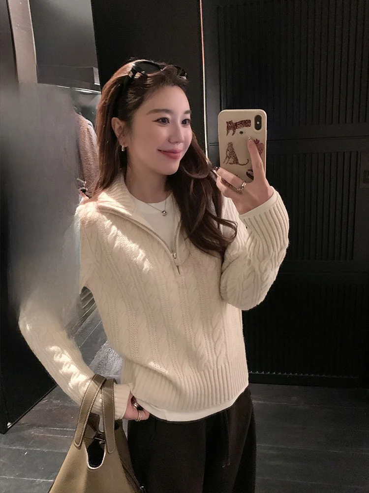 

nt Cheeseandkisses 00% Wool Twist Sweater Autumn Winter Stand Collar Skin-friendly Knitted Long Sve Women's Top