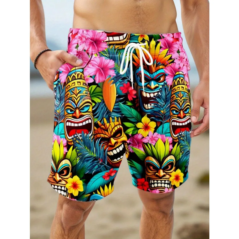 Hawaiian Tiki Mask Hibiscus Palm Leaf Surfboard 3D Print Men Quick Dry Beach Board Shorts Drawstring Swim Trunks