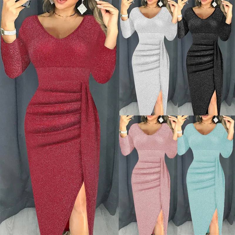 Robe de Soirée Plissée et Fendue pour Femme, Tenue Élégante de Couleur Unie, Col en V, Hanche Ronde, Coupe Ajustée, Tempérament CommPiedmont, Nouvelle Collection Automne 2023