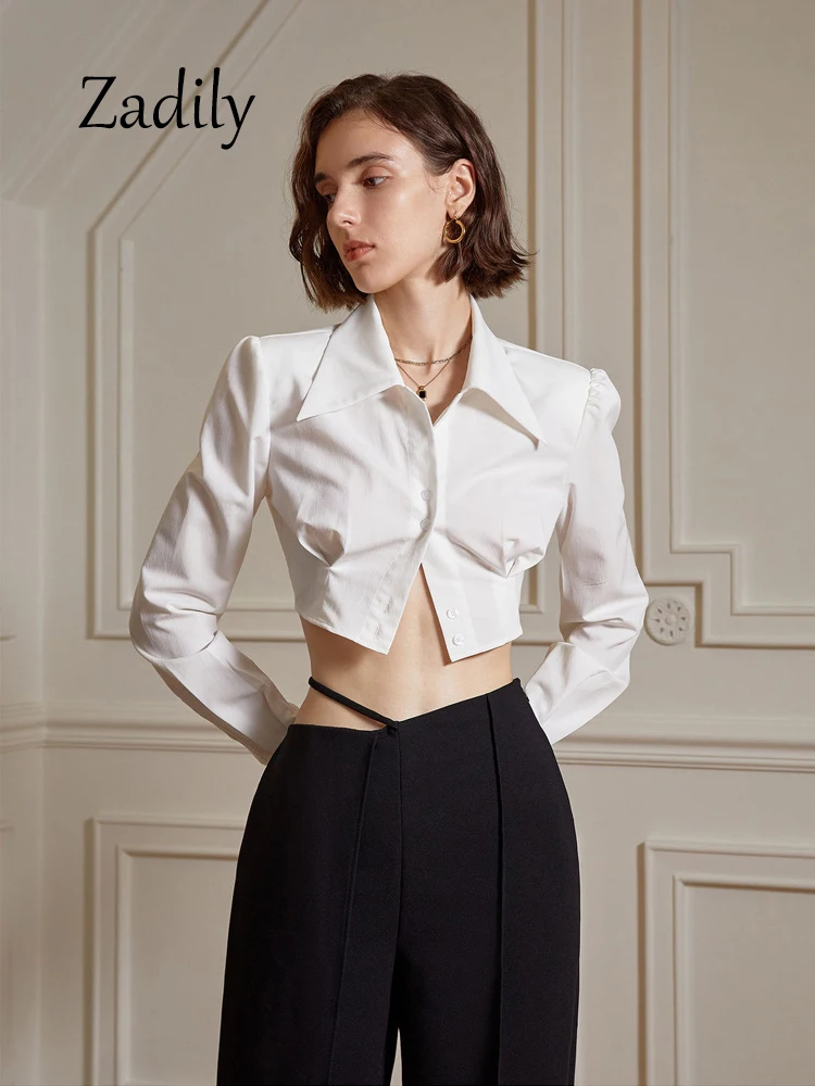 Zadily 2024 Spring Office Lady Long Sleeve Women White Shirt Turn Down Collar Button Up Woman Work Crop Tops Female Blouse Tops