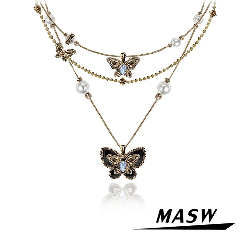 MASW Original Design Vintage Temperament Three Layers Dark Color Butterfly Necklace For Women Girl Party Gift Fashion Jewelry