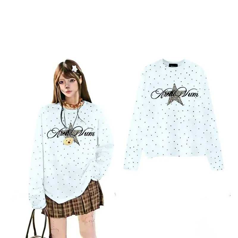 Camiseta de manga larga con cuello redondo y lunares para mujer, estilo informal, holgada, tallas S a 3XL