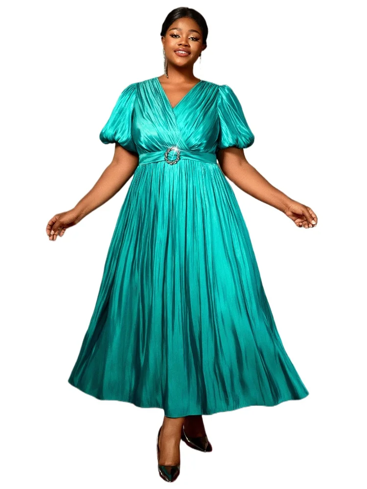 

Shiny Pleated Plus Size Dress with Puff Sleeves and V Neck Ideal for Evening Events Cocktail Party and Elegant Special Occasions