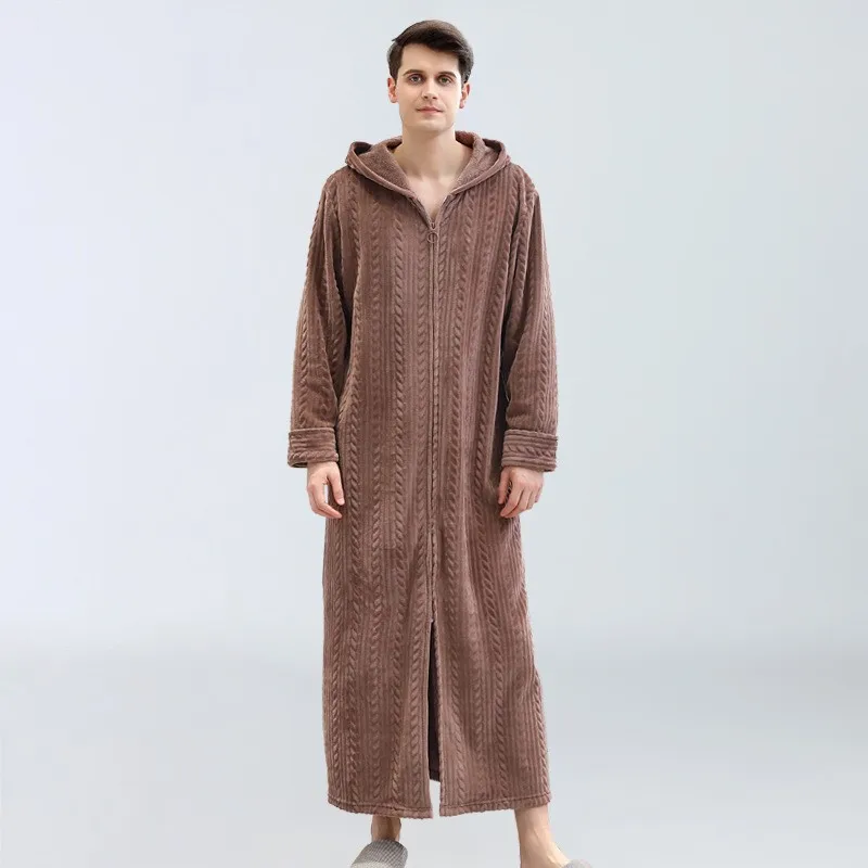 Popular Men\'s Plus Fat and Oversized Home Clothes Winter Flannel Pajamas Zipper Bathrobe Warm Pajamas Solid Color Long Pajamas