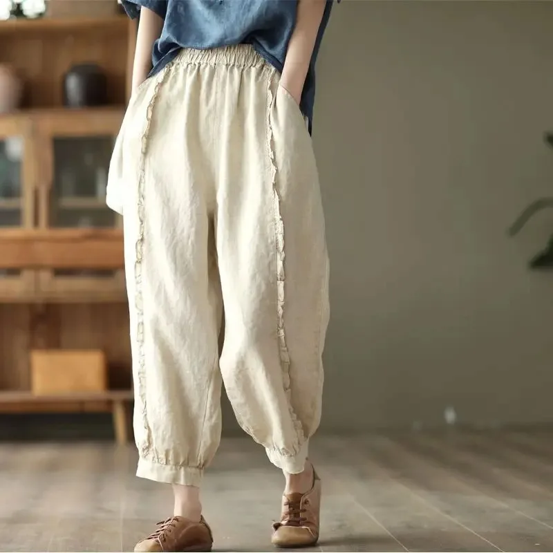 

Fashion Casual Women Clothes Summer New Elastic Waist Pleated Harem Trousers Solid Color Loose All-match Plus Size Cropped Pants