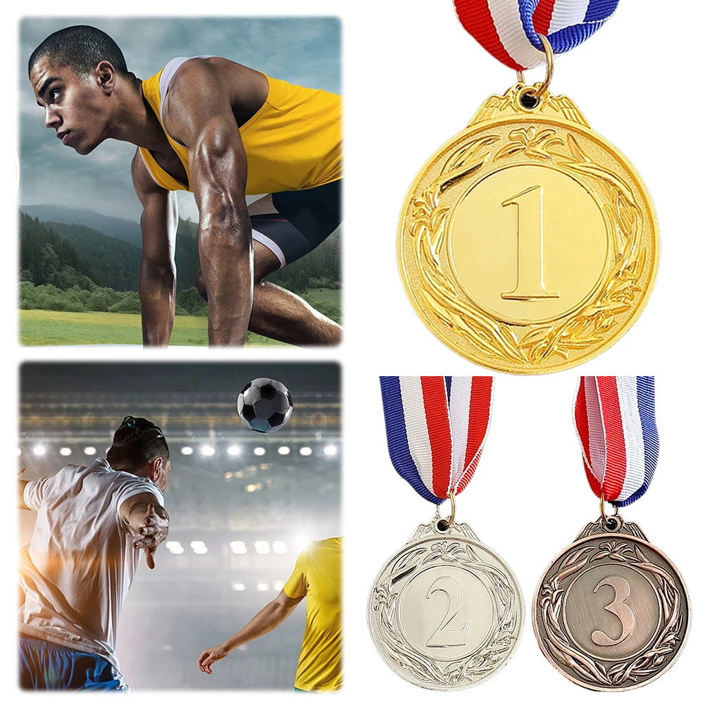 5cm Gold/Silver/Bronze Medal Sports Rewards with Neck Ribbon Students Rewards Competition Medals for Marathon Ball Games