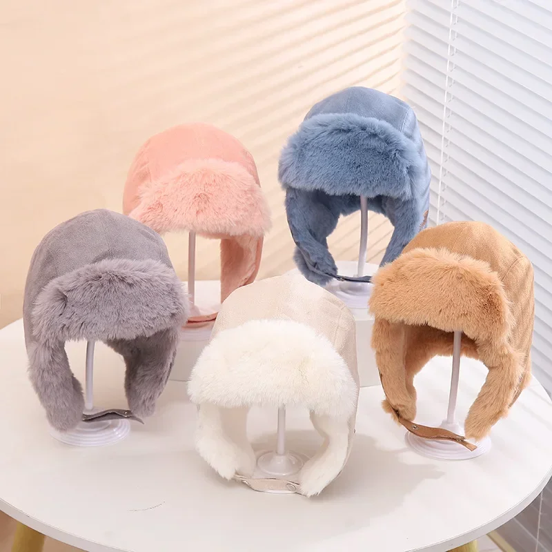 New Kids Bomber Hat Fur Fluffy Plush Lining Girl Boy Winter Cap with Earflaps Helmet Beanies Bonnet Children Russian Hats 2-8Y