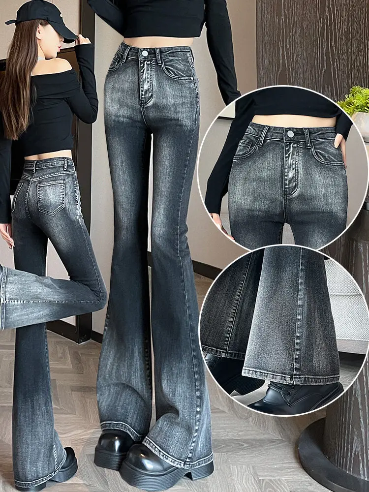 

Gradient black denim bell bottom pants women in autumn 2025 slim fit high waist floor length slightly flared pants