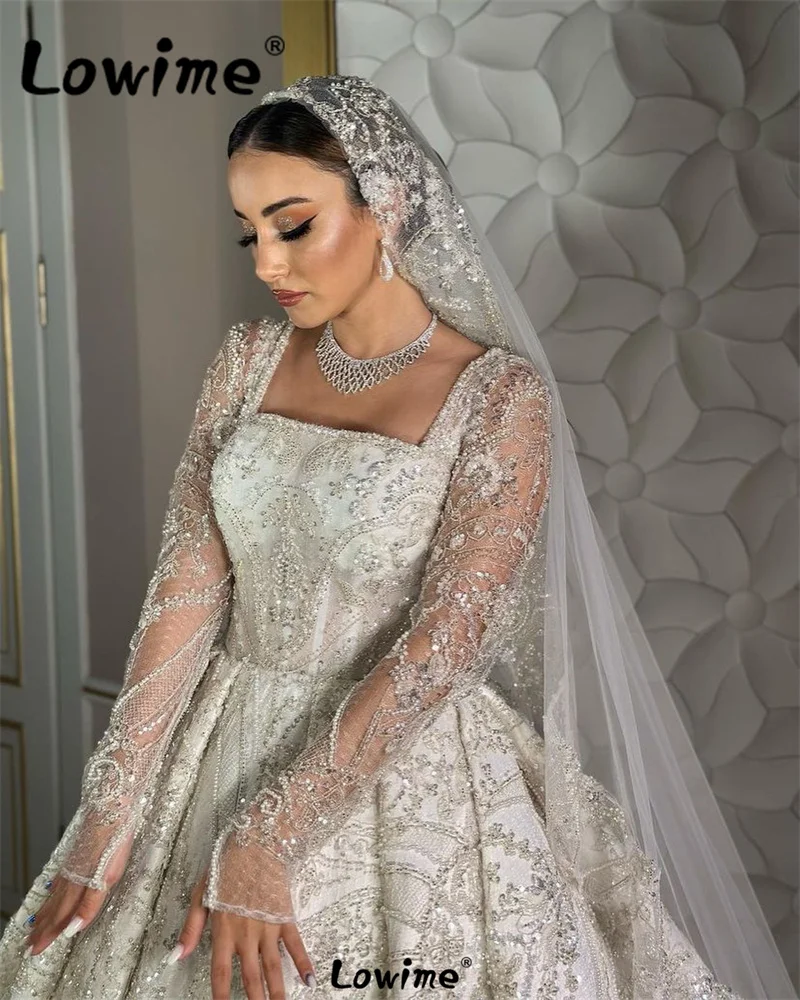 

Lowime Wedding Dresses 2024 Square Neck Long Sleeves Vestido De Novia Lace Sequined Beaded Luxury Bridal Gowns Robe De Mariee